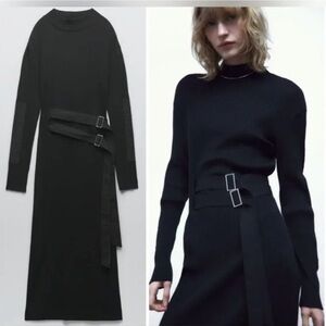 Zara Midi Knit Ribbed Dress with Tabs Long Sleeves In Black Size M NWT